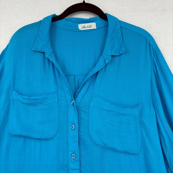 Bella Dahl Blouse Size L Blue Popover Hi Low Hem Roll Tab Sleeve Pockets - Picture 2 of 10